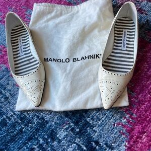 Manolo Blahnik Ivory Perforated Flats